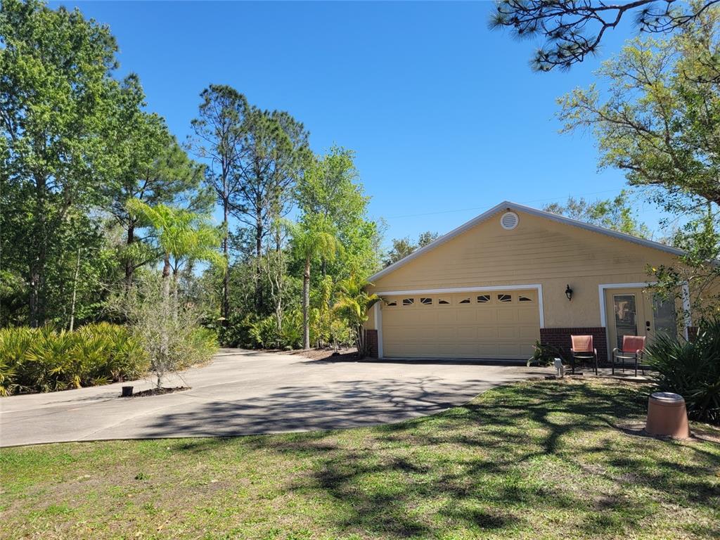 A detached garage with a tan exterior and a large concrete driveway surrounded by trees — 3150 APPALOOSA COURT, KISSIMMEE, FL