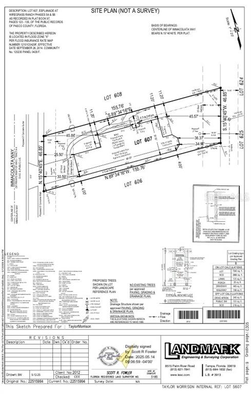 This image is a site plan for Lot 607 in a residential development — 3880 IMMACOLATA WAY, WESLEY CHAPEL, FL