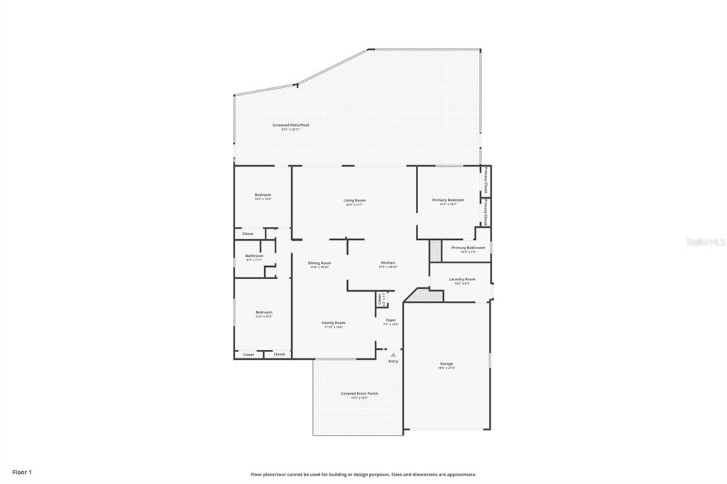 This is a floor plan for a single-story house with a garage and screened patio — 12291 MONARCH CIRCLE, SEMINOLE, FL