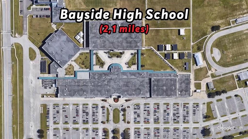 This aerial map view shows the Bayside High School campus, including buildings, parking lots, and fields — 328 DADEVILLE STREET SE, PALM BAY, FL