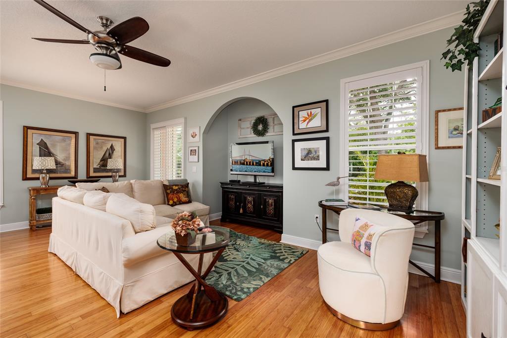 A living room with light blue walls, hardwood floors, a white sofa, and an arched alcove — 190 BANYAN BAY DRIVE, ST PETERSBURG, FL