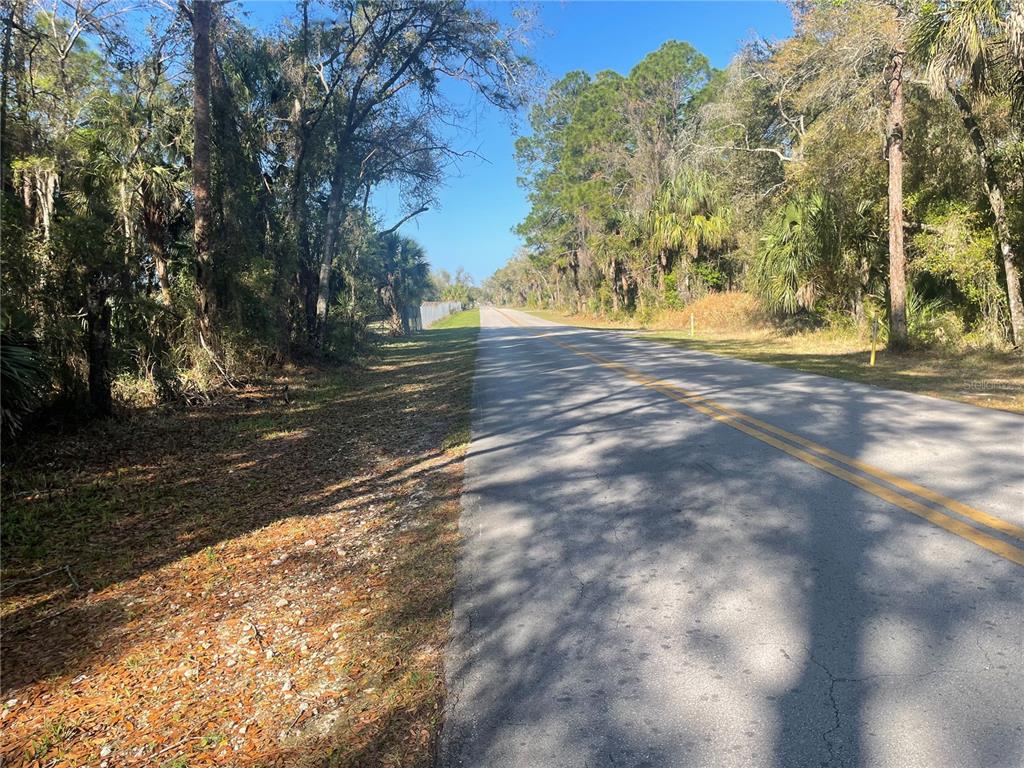 A paved road with double yellow lines runs through a wooded area under a clear sky — 1120 NE 3RD STREET, CRYSTAL RIVER, FL
