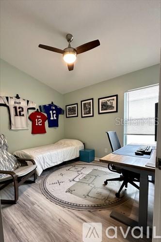A bedroom features a single bed, a desk, a ceiling fan, and sports jerseys on display — 11308 PALM ISLAND AVENUE, RIVERVIEW, FL