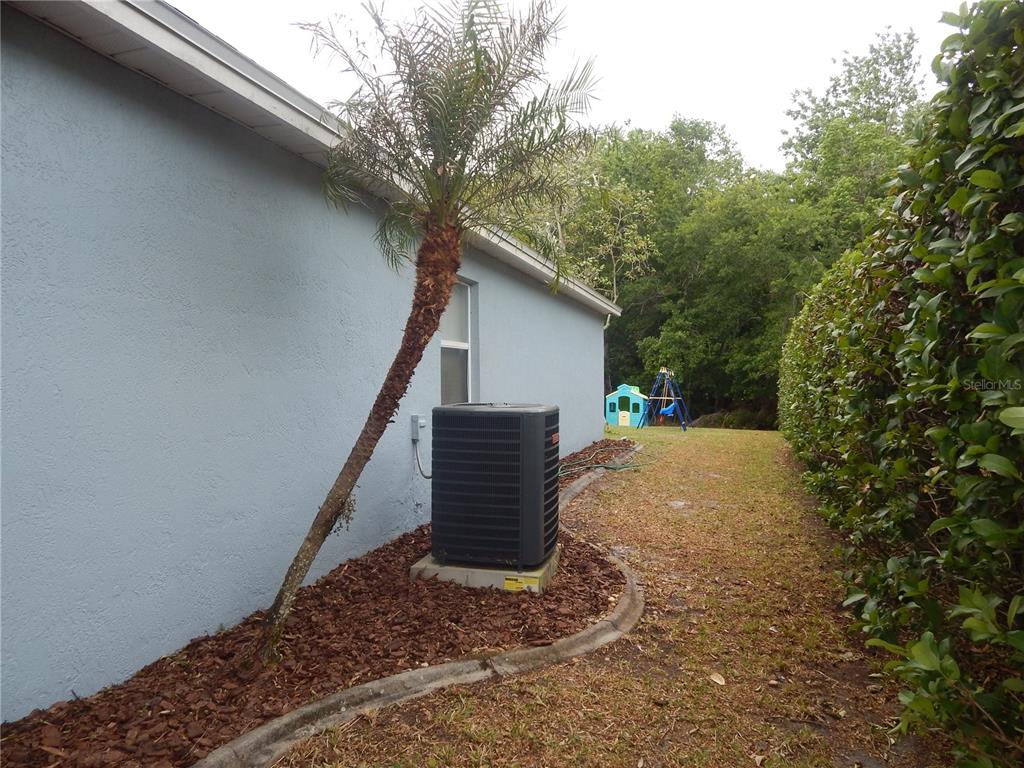 A side view of a house exterior featuring a palm tree, HVAC unit, and landscaping — 5634 DONNELLY CIRCLE, ORLANDO, FL