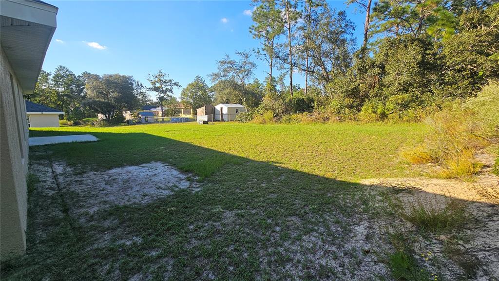 A grassy backyard features sandy patches, a concrete patio, and a shed near the trees — 15944 SW 53RD COURT, OCALA, FL