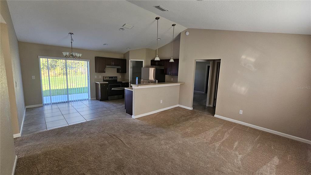 An open-concept living area features carpeted flooring, a kitchen with dark cabinets, and sliding doors — 15944 SW 53RD COURT, OCALA, FL