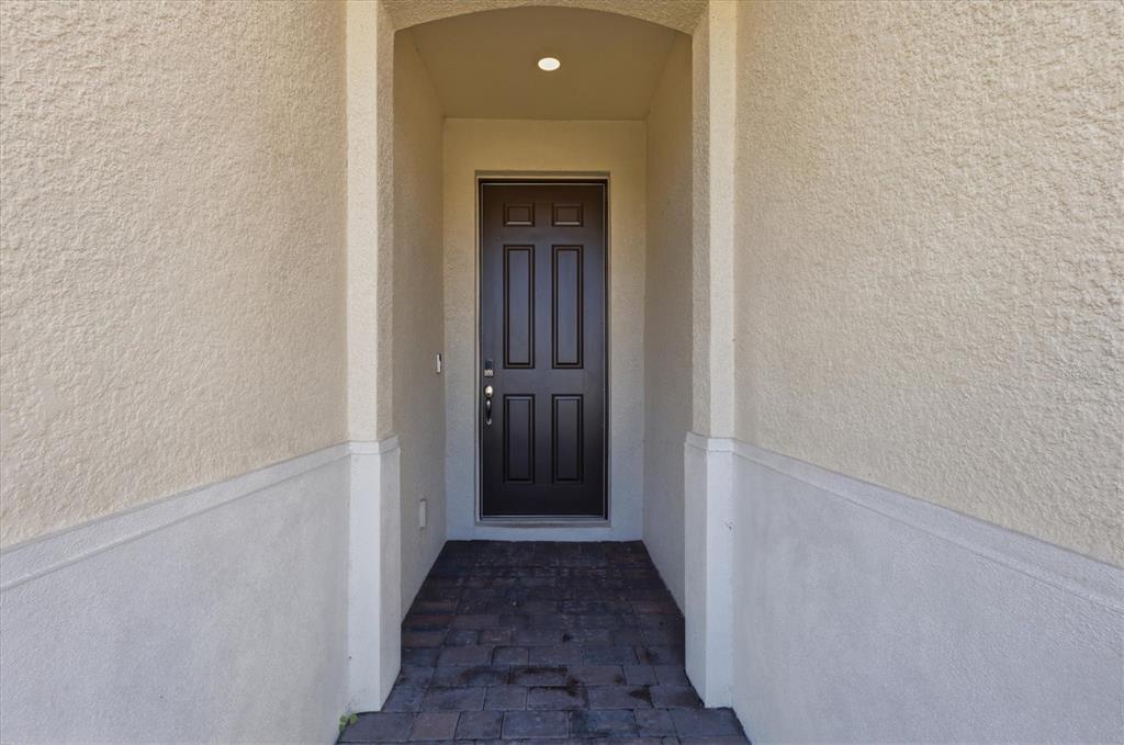 A dark brown front door is set within a recessed entryway with light-colored stucco walls — 12031 LOVEGRASS STREET, VENICE, FL