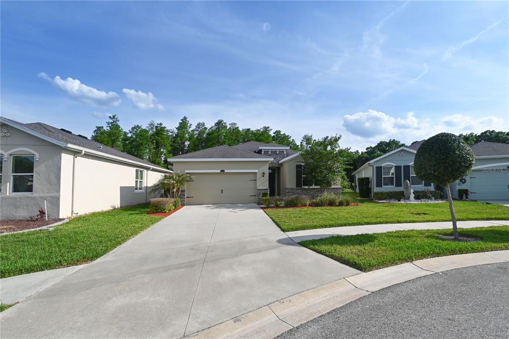 A single-story suburban house with a tan stucco exterior, a two-car garage, and a driveway — 1052 MANZANAR PLACE, WESLEY CHAPEL, FL