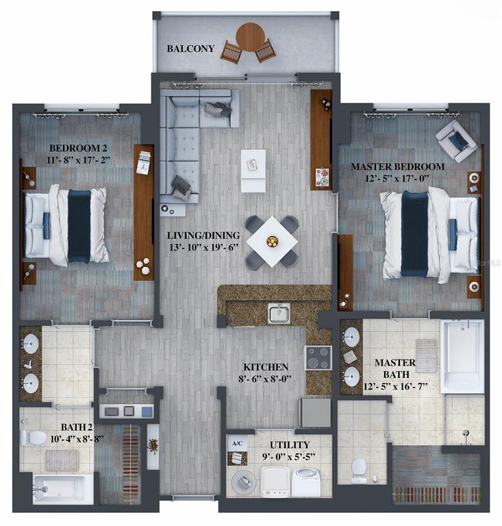This floor plan rendering shows a two-bedroom, two-bathroom apartment with a central kitchen and balcony — 14501 GROVE RESORT AVENUE UNIT 1105, WINTER GARDEN, FL