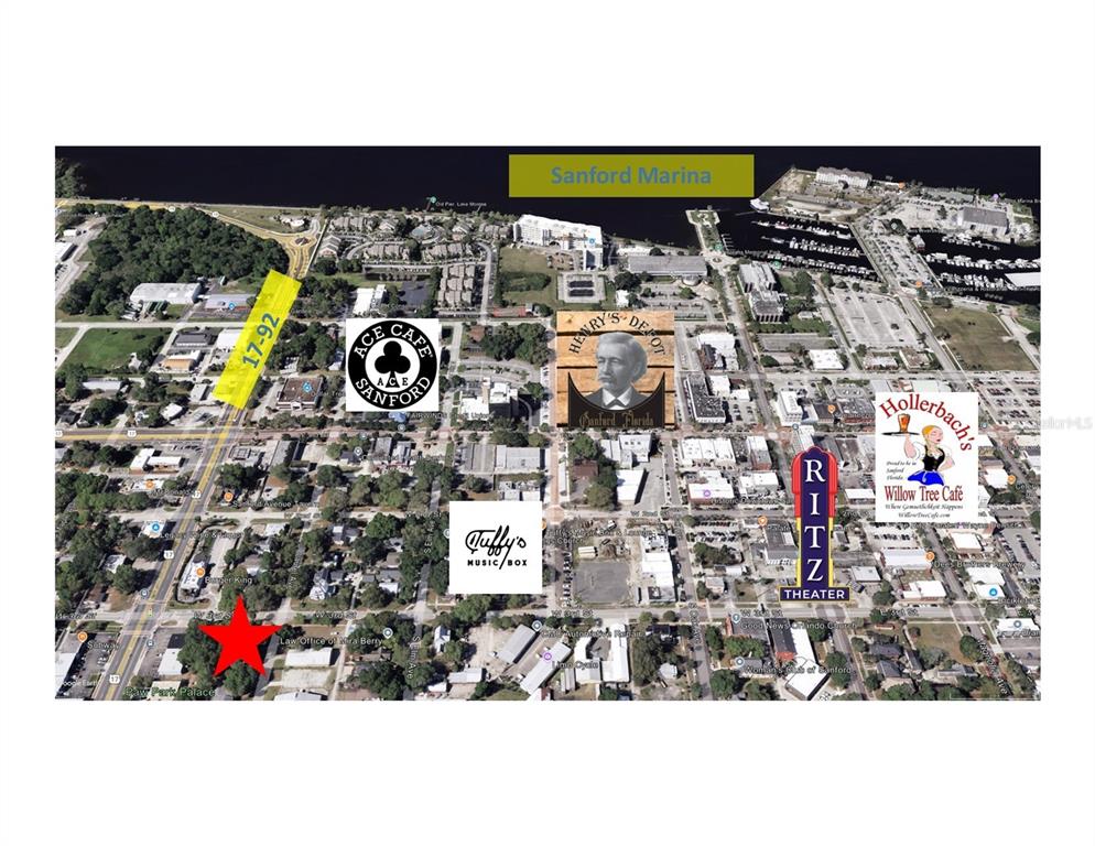 This is an aerial map of downtown Sanford, Florida, highlighting local landmarks and businesses — 00 LAUREL AVENUE, SANFORD, FL
