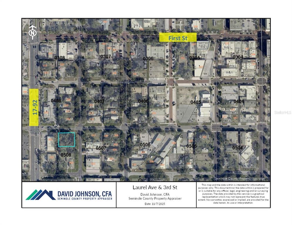 This is a property appraiser map showing land parcels, street names, and building footprints — 00 LAUREL AVENUE, SANFORD, FL