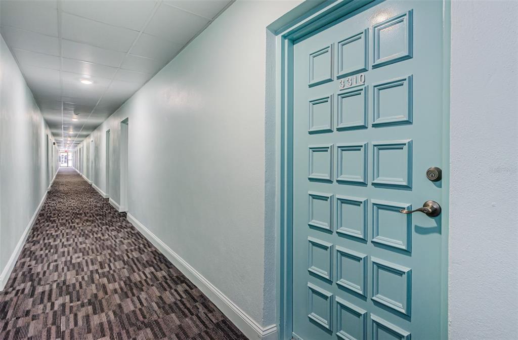 A long indoor hallway features patterned carpet, light blue walls, and a blue paneled door — 2700 BAYSHORE BOULEVARD UNIT 3310, DUNEDIN, FL