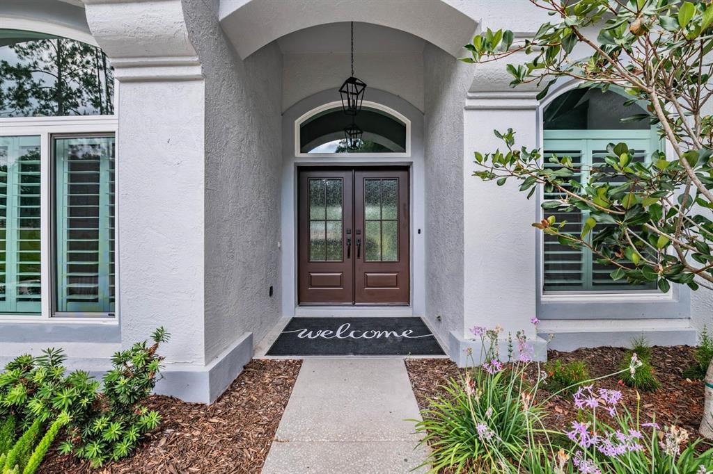 A front entryway features double brown doors, a welcome mat, and a covered porch — 17833 HYLAND LANE, DADE CITY, FL
