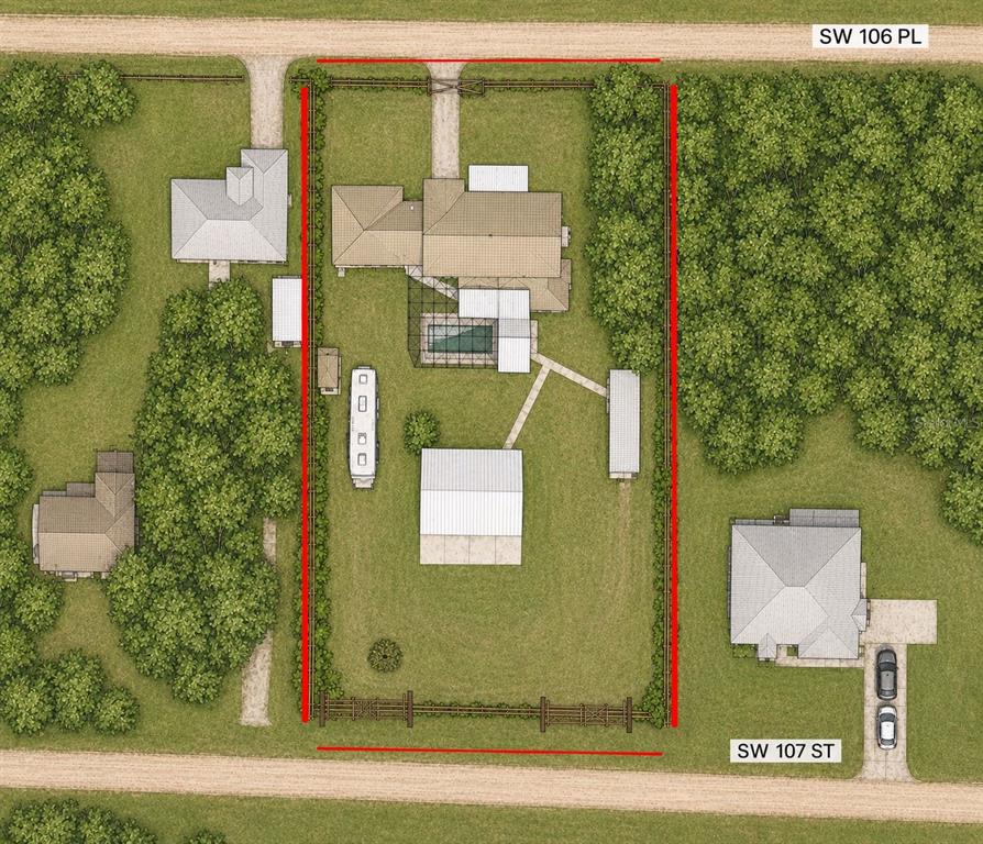 This is a site plan rendering showing a house, pool, and outbuildings on a fenced lot — 13560 SW 106TH PLACE, DUNNELLON, FL