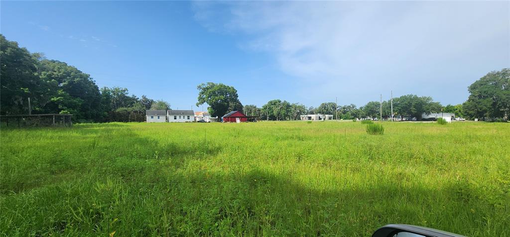 A large, grassy vacant lot with trees and several small buildings in the distance — 110 E 2ND AVENUE, PIERSON, FL