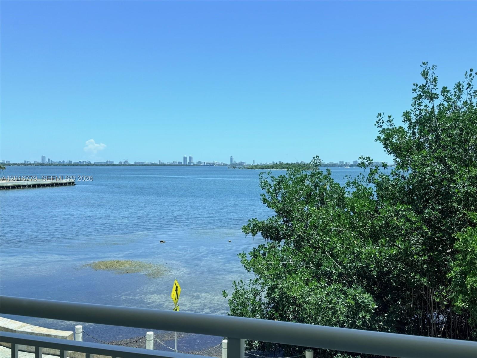 A view of the ocean and distant city skyline from a balcony with trees — 2000 N Bayshore Dr # 220, Miami FL 33137, MIAMI, FL
