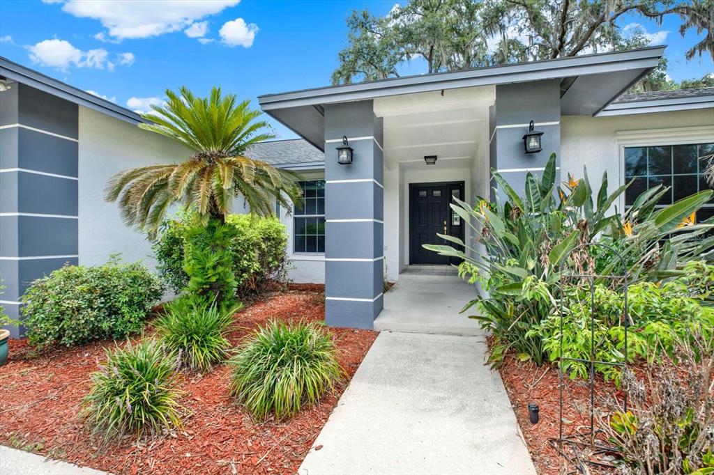 A front exterior view of a house with a grey entryway, palm tree, and landscaping — 1805 TAWNEE PLACE, BRANDON, FL