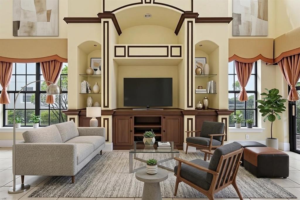 A living room features a built-in media center, two windows with curtains, and modern furniture — 877 DESERT MOUNTAIN COURT, KISSIMMEE, FL