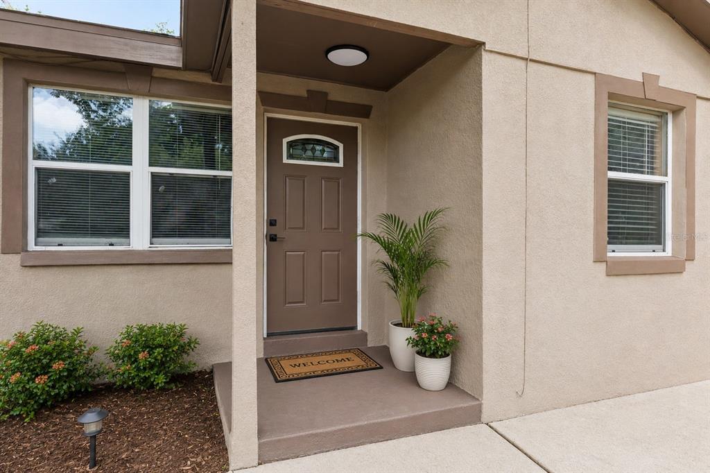 A tan stucco house exterior features a brown front door, a welcome mat, and potted plants — 540 COLFAX DRIVE, DAYTONA BEACH, FL