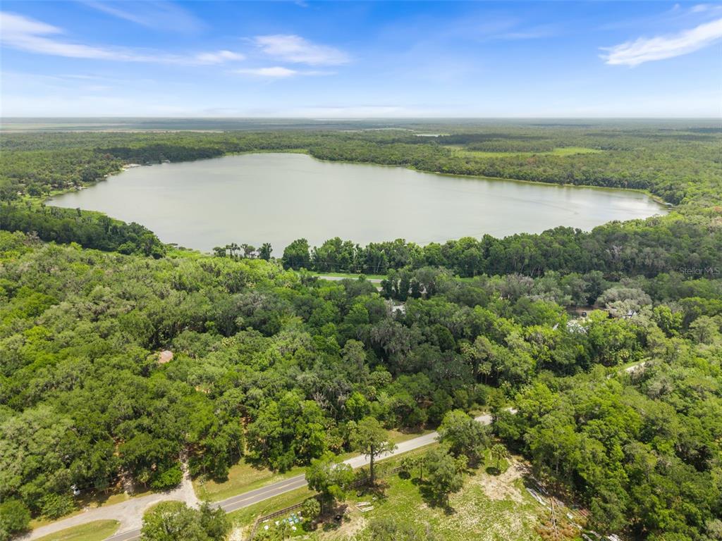 An aerial view shows a large lake surrounded by dense forest and a paved road — TBD SE WACAHOOTA ROAD, MICANOPY, FL