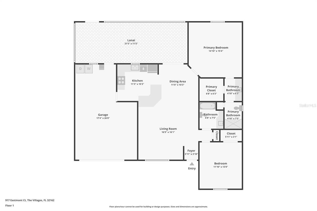 This is a floor plan for a single-story home with a garage and lanai — 917 EASTMONT COURT, THE VILLAGES, FL