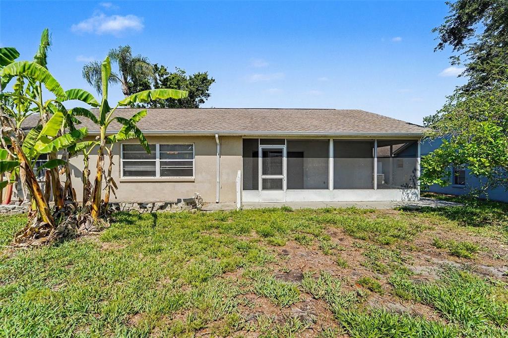 The exterior of a single-story house features a screened-in porch and a banana tree — 7336 ASHMORE DRIVE, NEW PORT RICHEY, FL