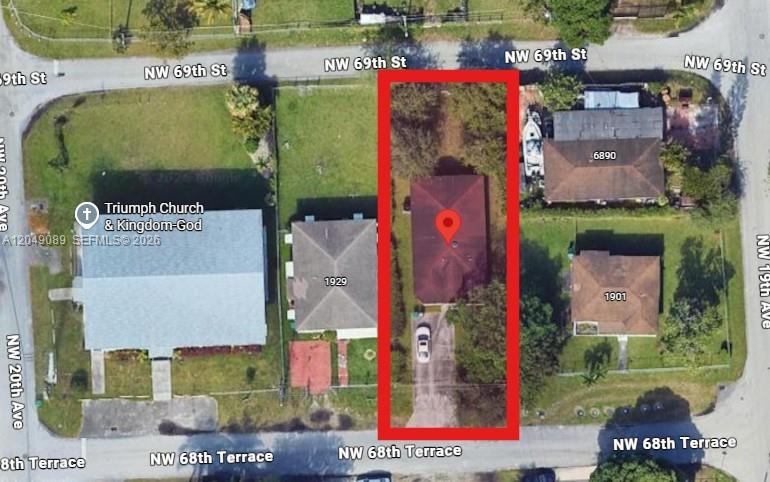 This is an aerial map view showing a residential property highlighted with a red border — MIAMI, FL