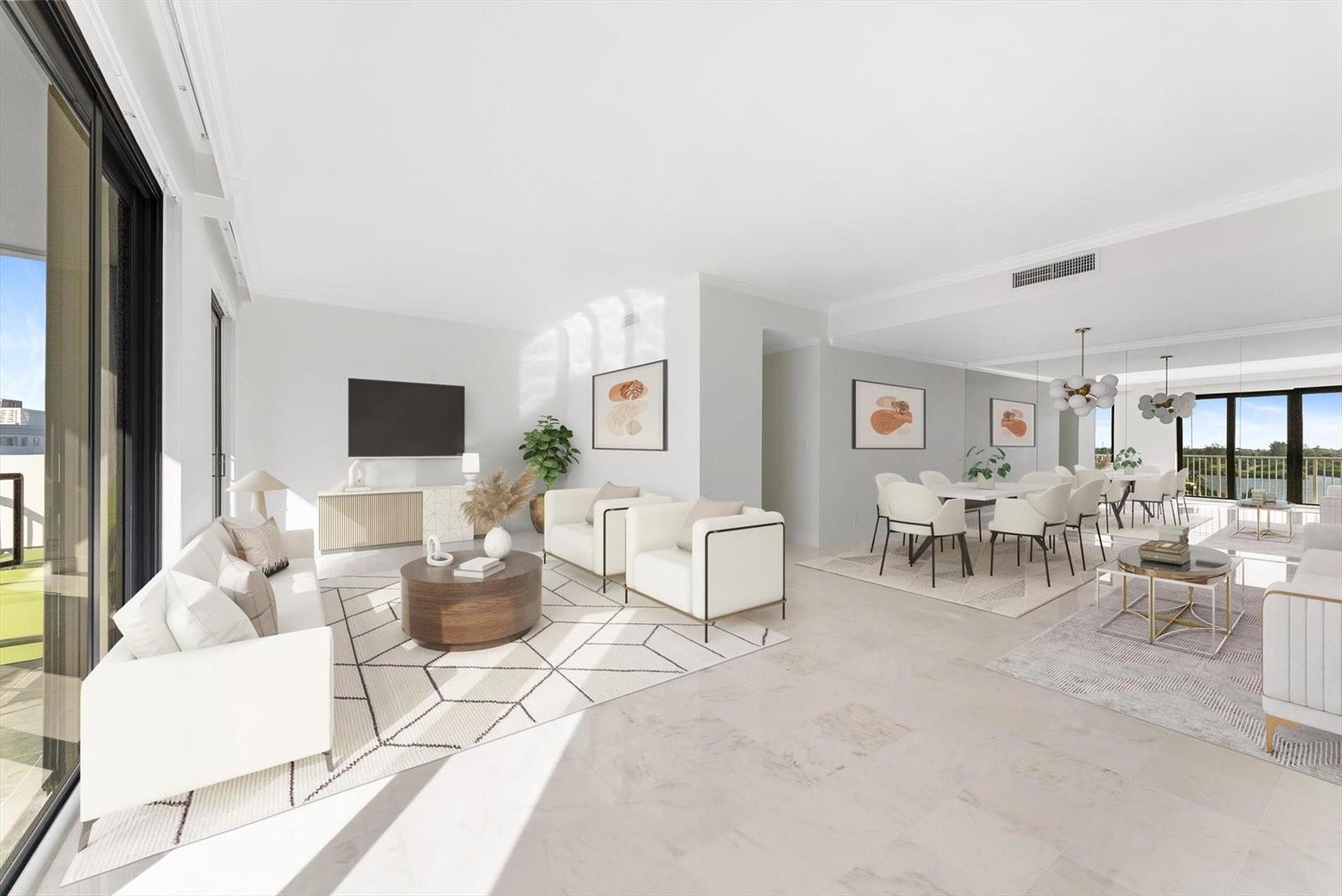 This is a digital rendering of a bright, open-concept living and dining area with marble floors — 2860 S Ocean Boulevard # 601, Palm Beach FL 33480, PALM BEACH, FL