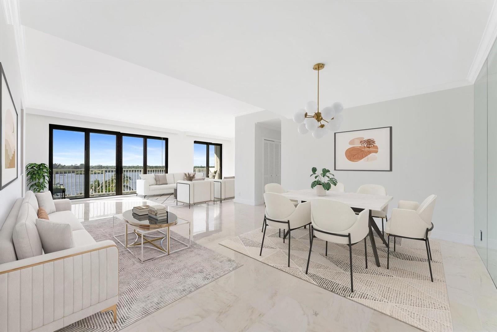 A bright, open-concept living and dining area features white tile floors and floor-to-ceiling windows — 2860 S Ocean Boulevard # 601, Palm Beach FL 33480, PALM BEACH, FL