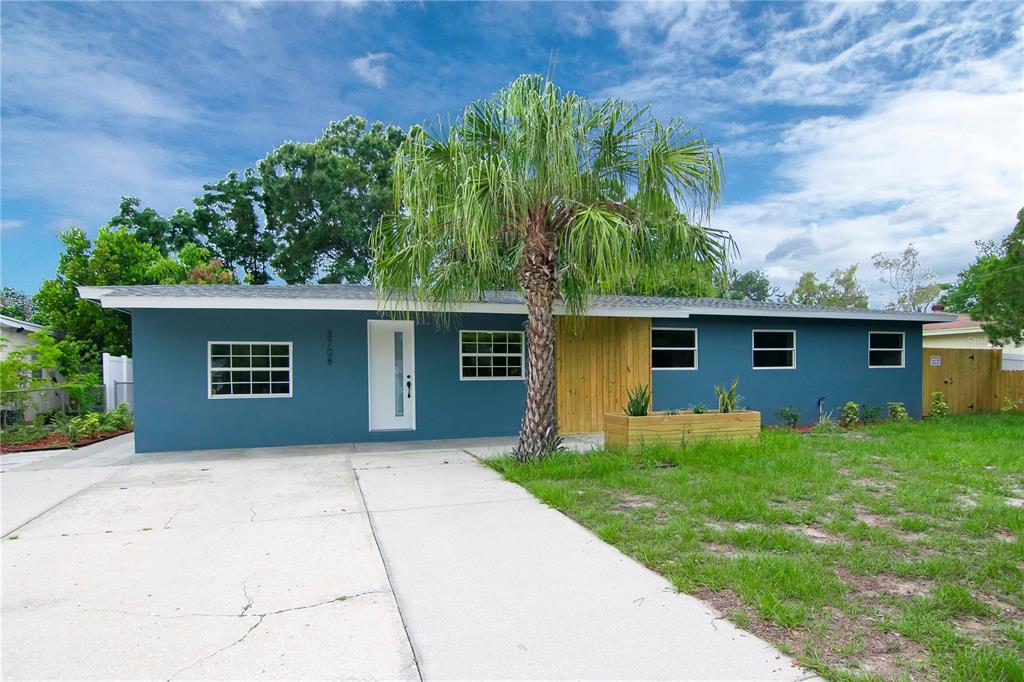 A blue single-story house with a palm tree, a concrete driveway, and a wooden accent wall — 3708 W TYSON AVENUE, TAMPA, FL