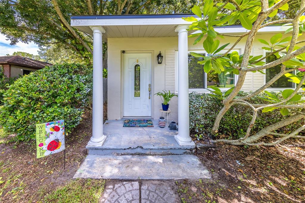 A white front door with a glass insert sits between two columns on a concrete porch — 2773 BELLE HAVEN DRIVE, CLEARWATER, FL
