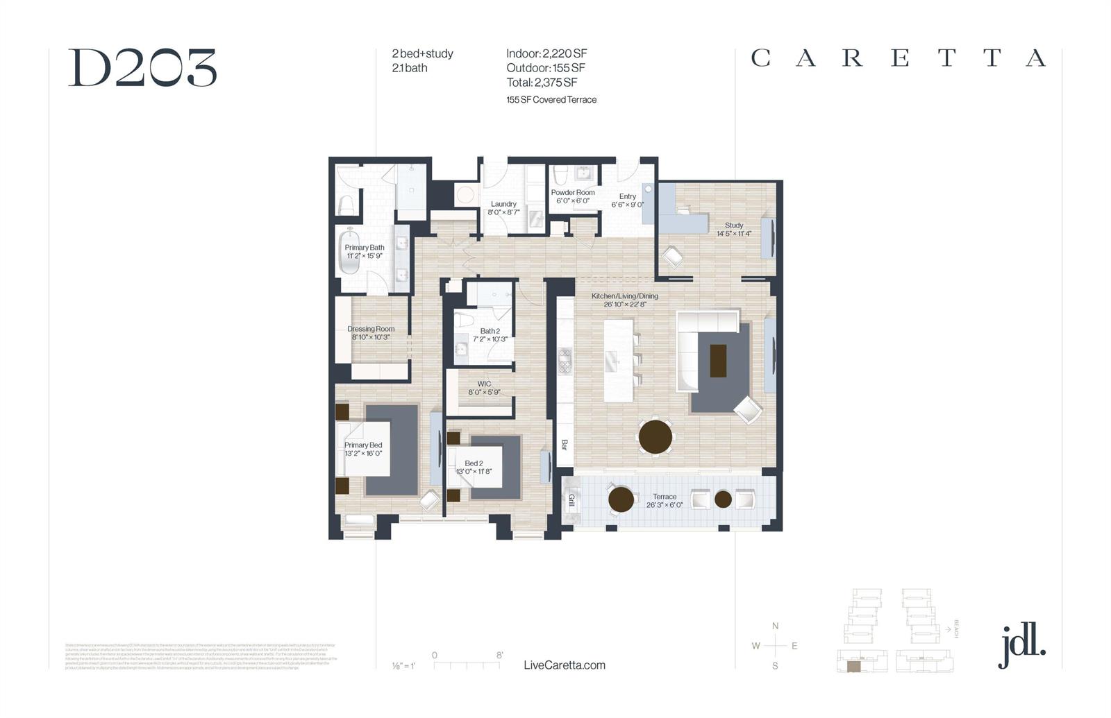 This is a floor plan for a two-bedroom, two-and-a-half-bath residential unit with a terrace — 1011 U.s. Hwy 1 # D203, Juno Beach FL 33408, JUNO BEACH, FL