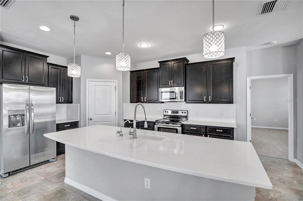 A modern kitchen features dark cabinetry, stainless steel appliances, and a large white quartz island — 32430 BANNACK LANE, WESLEY CHAPEL, FL