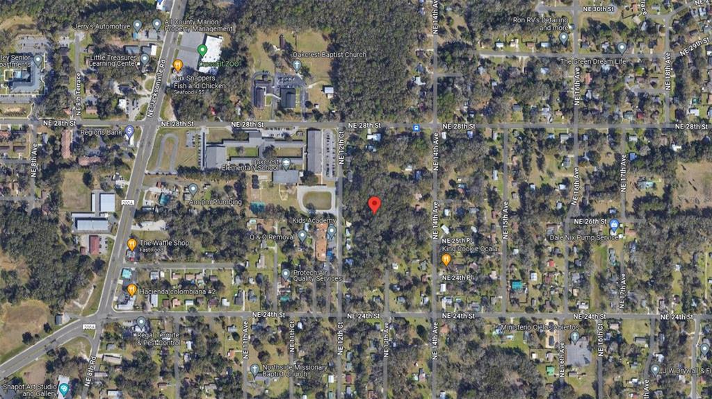 This is an aerial map view of a wooded lot in a residential neighborhood — NE 13TH AVE, OCALA, FL