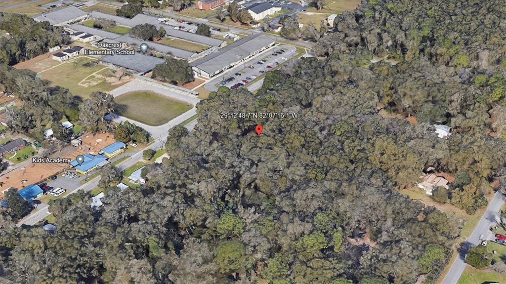 This aerial map view shows a wooded lot located near a school and a daycare center — NE 13TH AVE, OCALA, FL