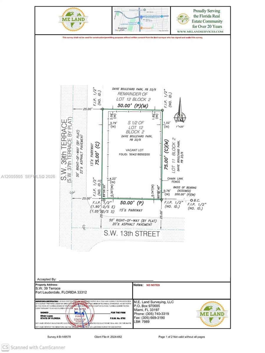 This is a land survey map showing the property boundaries and dimensions of a vacant lot — FORT LAUDERDALE, FL