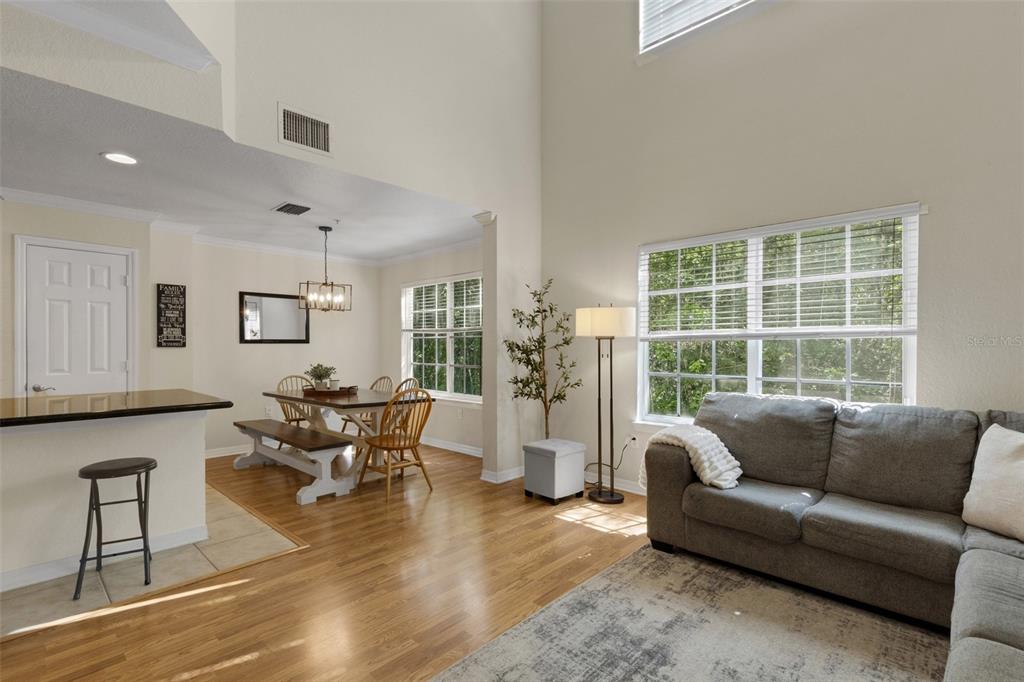 A living room with hardwood floors, a grey sofa, and an adjacent dining area — 9872 MEADOW FIELD CIRCLE UNIT 503, TAMPA, FL