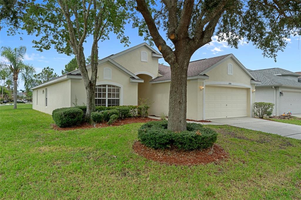 A single-story house with a beige stucco exterior, a two-car garage, and mature trees — 23836 HASTINGS  WAY, LAND O LAKES, FL
