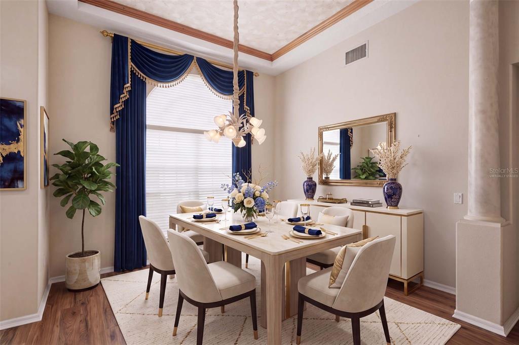 A virtually staged dining room features a table, chairs, blue curtains, and a chandelier — 926 E TRIPLE CROWN LOOP, HERNANDO, FL