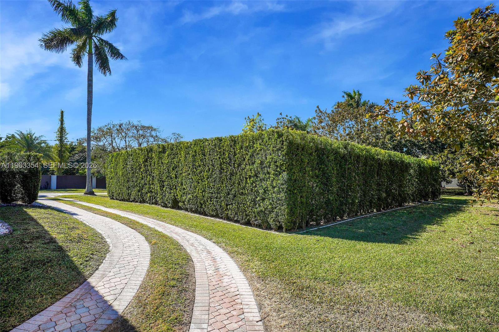 A paved driveway curves past a tall, manicured hedge on a sunny day — 19955 SW 186th St, Miami FL 33187, MIAMI, FL