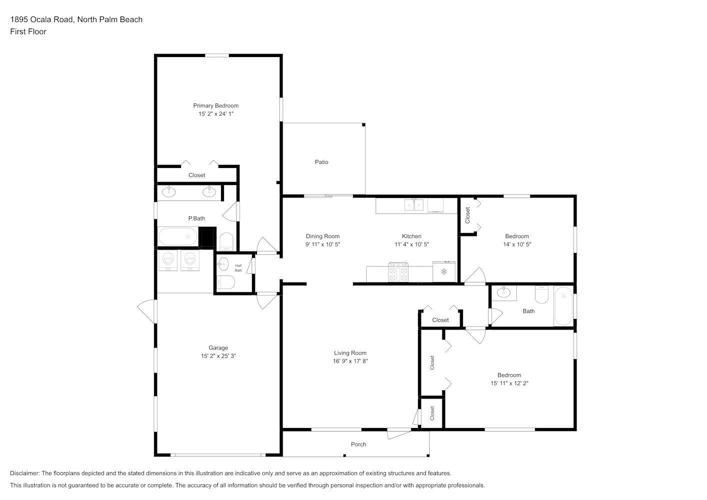 This is a floor plan showing the layout of a house with three bedrooms — NORTH PALM BEACH, FL