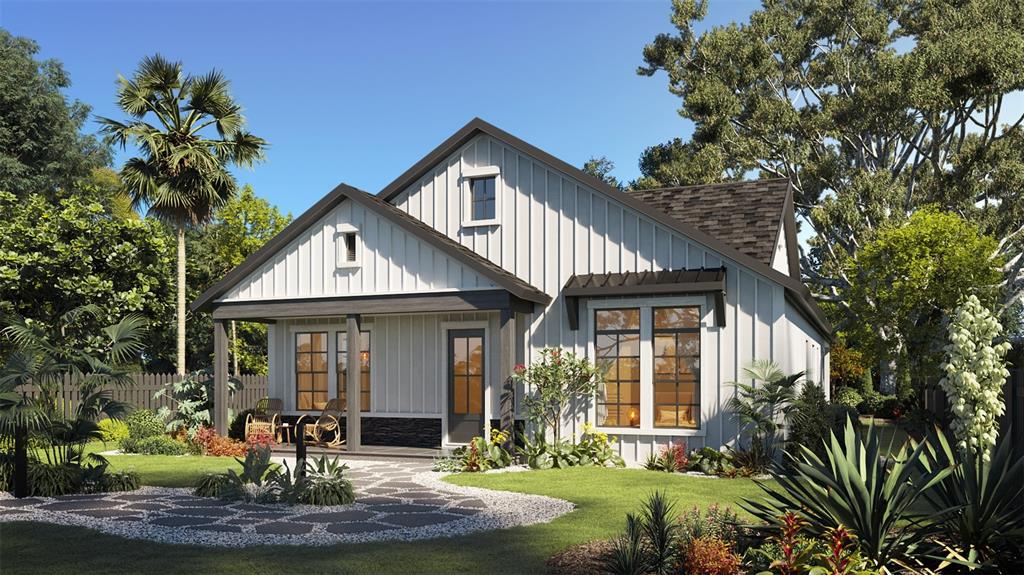 This is a rendering of a white farmhouse-style home with a front porch and landscaping — 5631 23RD AVENUE S, GULFPORT, FL