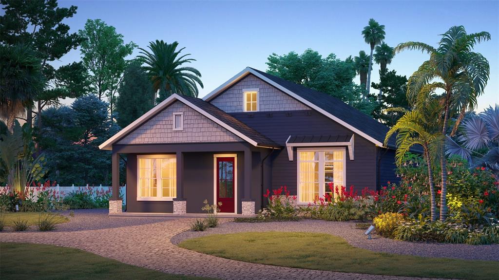 This is a rendering of a dark-colored single-story house with a red front door — 5631 23RD AVENUE S, GULFPORT, FL