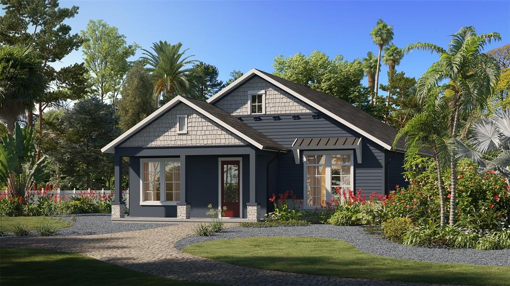A digital rendering of a blue, single-story house with a covered porch and stone accents — 5631 23RD AVENUE S, GULFPORT, FL