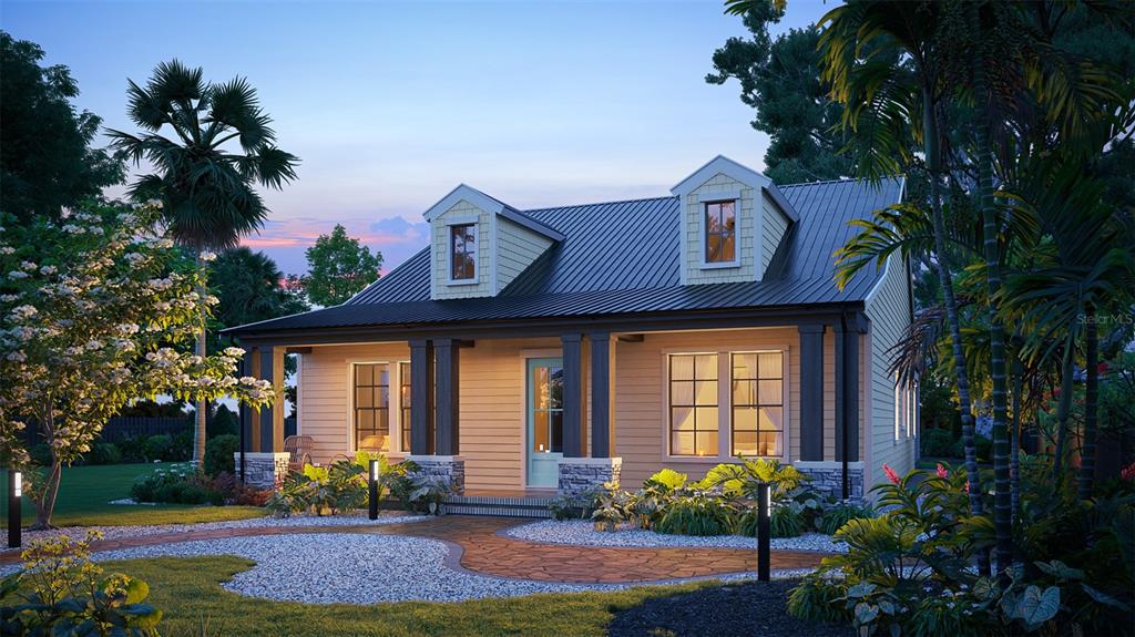 A rendering of a one-story house with a metal roof, dormers, and a front porch — 5631 23RD AVENUE S, GULFPORT, FL