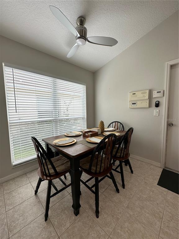 A dining area features a wooden table with four chairs under a ceiling fan — 29651 BIRDS EYE DRIVE, WESLEY CHAPEL, FL