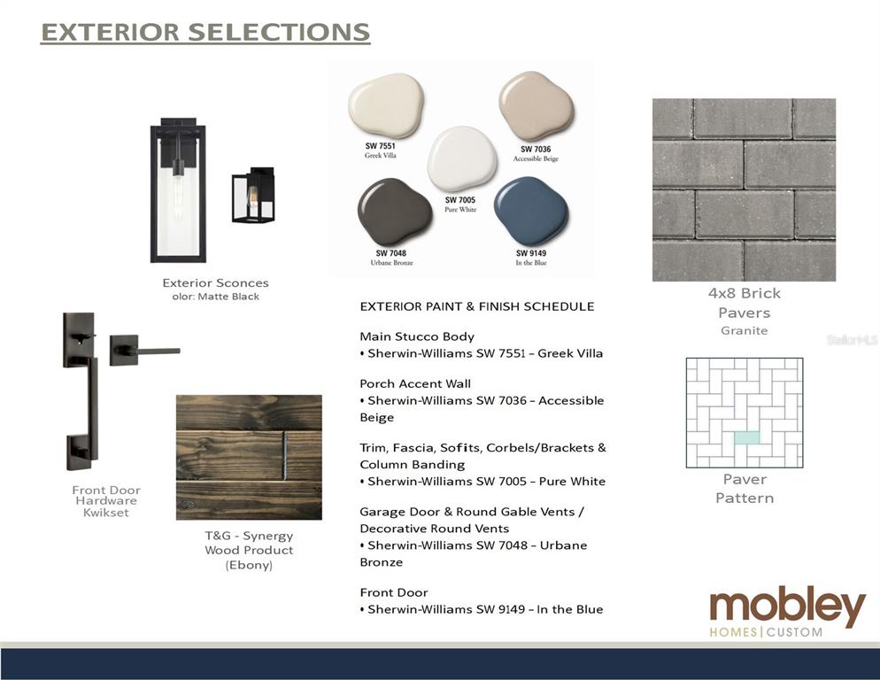 This image displays an exterior design selection board featuring paint colors, hardware, and paving materials — 751 40TH AVENUE N, ST PETERSBURG, FL