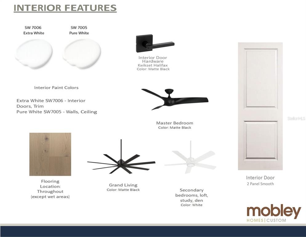 This interior design board displays paint colors, flooring, door hardware, ceiling fans, and door styles — 751 40TH AVENUE N, ST PETERSBURG, FL