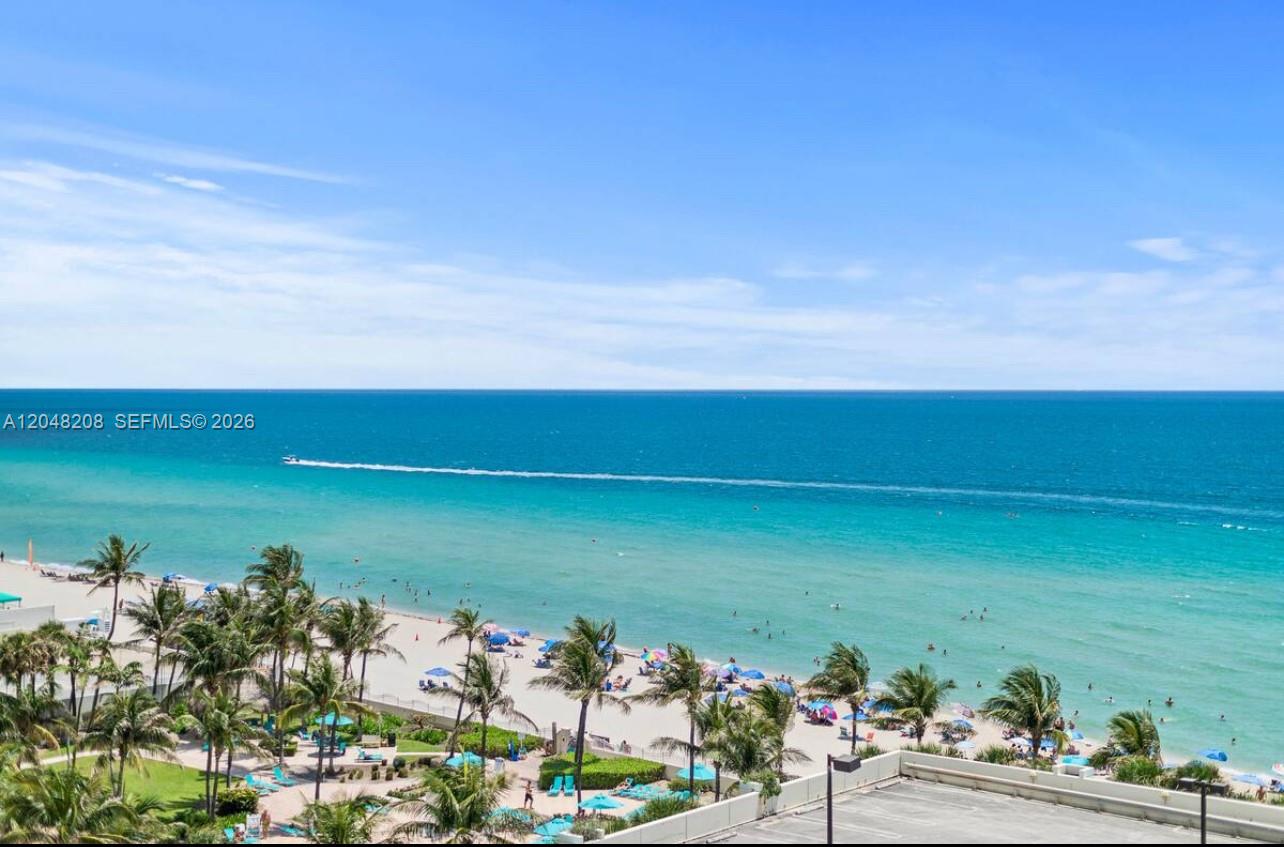 An elevated view of a sandy beach with palm trees and the ocean — 3901 S Ocean Dr # 9B, Hollywood FL 33019, HOLLYWOOD, FL