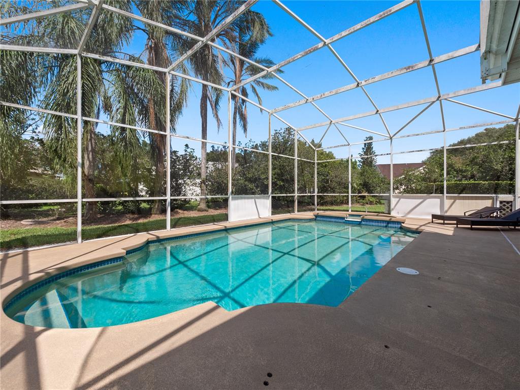 A swimming pool enclosed by a screened lanai with palm trees in the background — 10221 LUNDY COURT, ORLANDO, FL